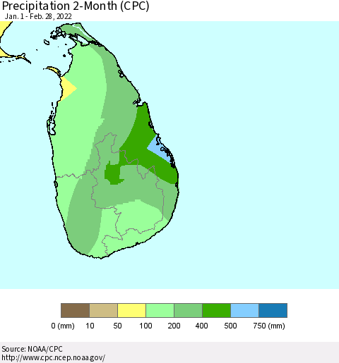 Sri Lanka Precipitation 2-Month (CPC) Thematic Map For 1/1/2022 - 2/28/2022