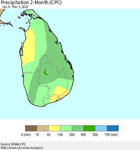 Sri Lanka Precipitation 2-Month (CPC) Thematic Map For 1/6/2022 - 3/5/2022