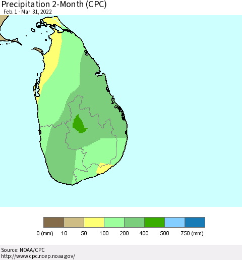 Sri Lanka Precipitation 2-Month (CPC) Thematic Map For 2/1/2022 - 3/31/2022