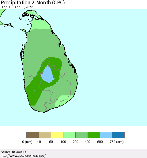 Sri Lanka Precipitation 2-Month (CPC) Thematic Map For 2/11/2022 - 4/10/2022