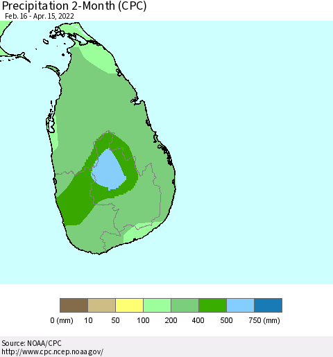 Sri Lanka Precipitation 2-Month (CPC) Thematic Map For 2/16/2022 - 4/15/2022