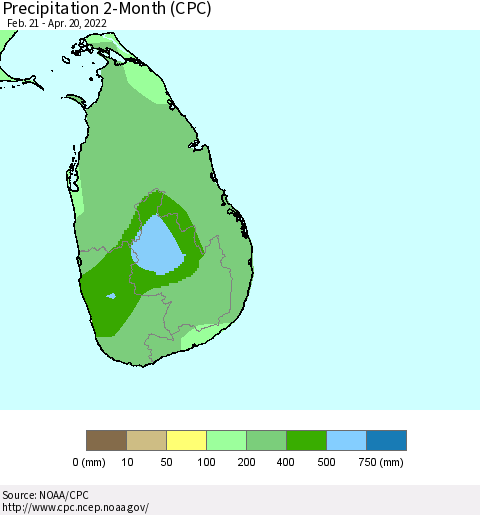 Sri Lanka Precipitation 2-Month (CPC) Thematic Map For 2/21/2022 - 4/20/2022