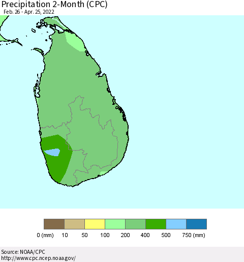 Sri Lanka Precipitation 2-Month (CPC) Thematic Map For 2/26/2022 - 4/25/2022