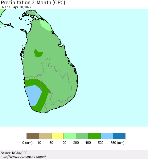 Sri Lanka Precipitation 2-Month (CPC) Thematic Map For 3/1/2022 - 4/30/2022