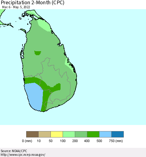 Sri Lanka Precipitation 2-Month (CPC) Thematic Map For 3/6/2022 - 5/5/2022