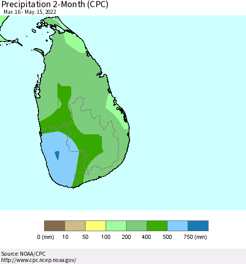 Sri Lanka Precipitation 2-Month (CPC) Thematic Map For 3/16/2022 - 5/15/2022