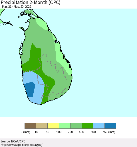 Sri Lanka Precipitation 2-Month (CPC) Thematic Map For 3/21/2022 - 5/20/2022
