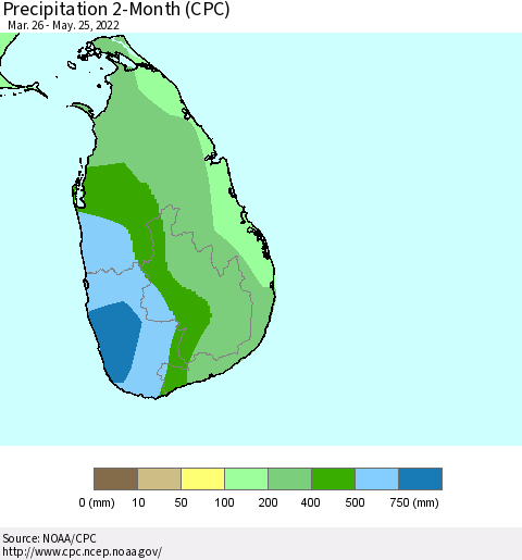 Sri Lanka Precipitation 2-Month (CPC) Thematic Map For 3/26/2022 - 5/25/2022