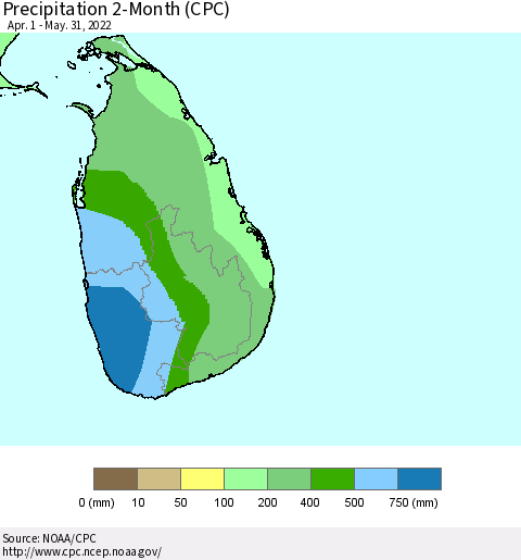 Sri Lanka Precipitation 2-Month (CPC) Thematic Map For 4/1/2022 - 5/31/2022