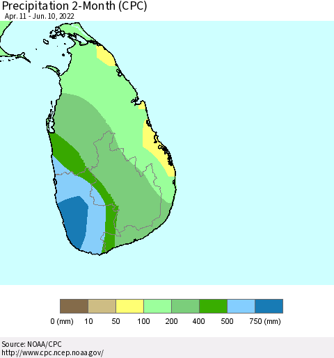 Sri Lanka Precipitation 2-Month (CPC) Thematic Map For 4/11/2022 - 6/10/2022