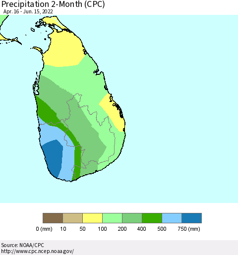 Sri Lanka Precipitation 2-Month (CPC) Thematic Map For 4/16/2022 - 6/15/2022