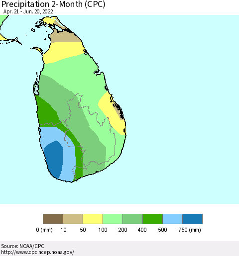 Sri Lanka Precipitation 2-Month (CPC) Thematic Map For 4/21/2022 - 6/20/2022