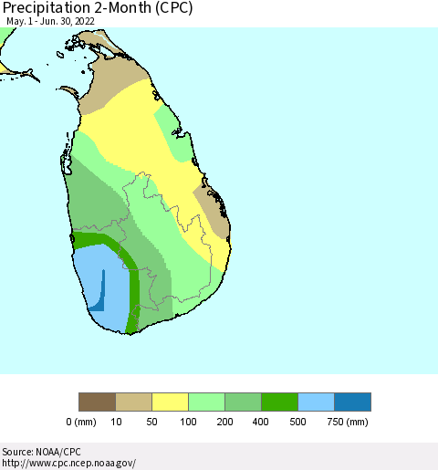 Sri Lanka Precipitation 2-Month (CPC) Thematic Map For 5/1/2022 - 6/30/2022