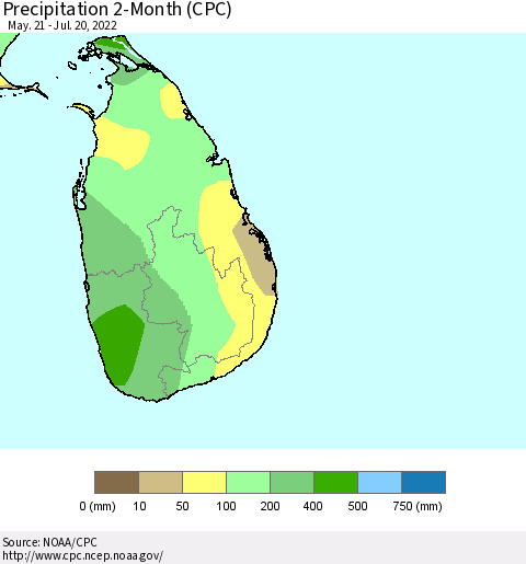 Sri Lanka Precipitation 2-Month (CPC) Thematic Map For 5/21/2022 - 7/20/2022