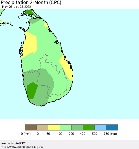 Sri Lanka Precipitation 2-Month (CPC) Thematic Map For 5/26/2022 - 7/25/2022