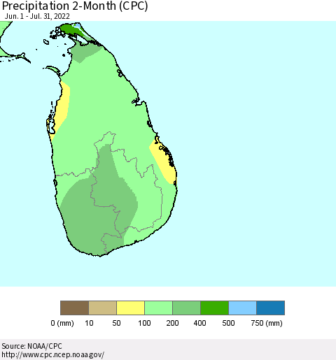 Sri Lanka Precipitation 2-Month (CPC) Thematic Map For 6/1/2022 - 7/31/2022