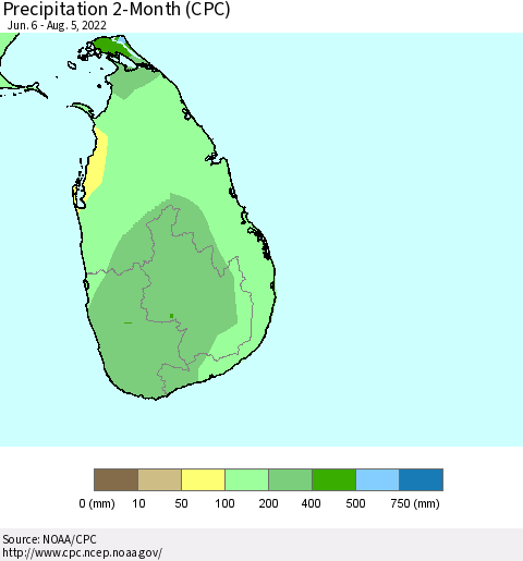Sri Lanka Precipitation 2-Month (CPC) Thematic Map For 6/6/2022 - 8/5/2022