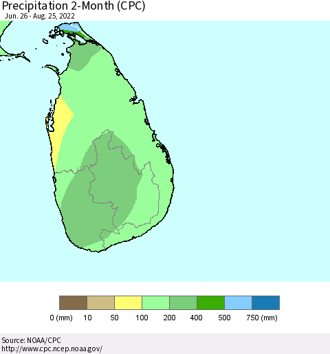 Sri Lanka Precipitation 2-Month (CPC) Thematic Map For 6/26/2022 - 8/25/2022