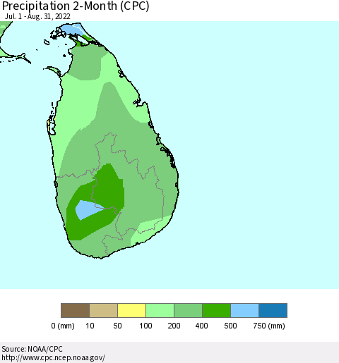 Sri Lanka Precipitation 2-Month (CPC) Thematic Map For 7/1/2022 - 8/31/2022