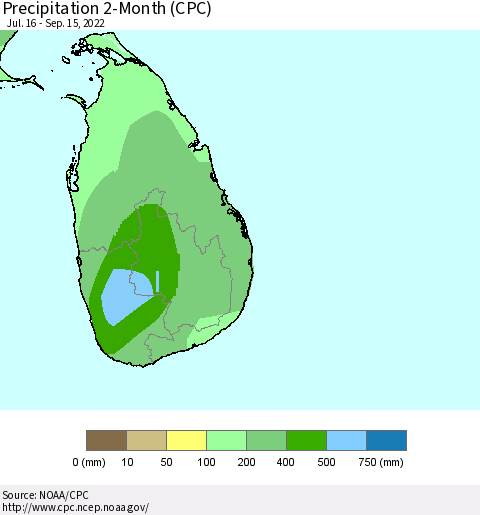 Sri Lanka Precipitation 2-Month (CPC) Thematic Map For 7/16/2022 - 9/15/2022