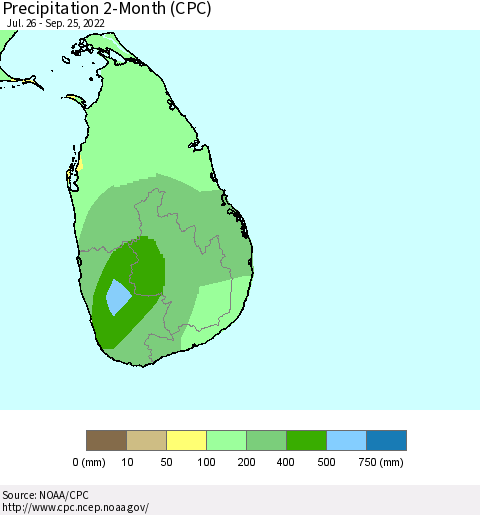 Sri Lanka Precipitation 2-Month (CPC) Thematic Map For 7/26/2022 - 9/25/2022