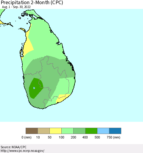 Sri Lanka Precipitation 2-Month (CPC) Thematic Map For 8/1/2022 - 9/30/2022