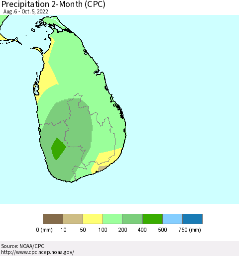 Sri Lanka Precipitation 2-Month (CPC) Thematic Map For 8/6/2022 - 10/5/2022