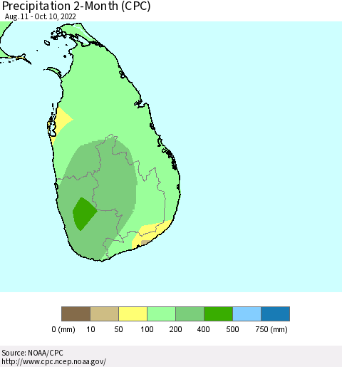 Sri Lanka Precipitation 2-Month (CPC) Thematic Map For 8/11/2022 - 10/10/2022