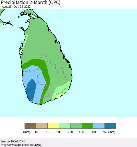 Sri Lanka Precipitation 2-Month (CPC) Thematic Map For 8/26/2022 - 10/25/2022