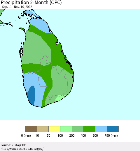 Sri Lanka Precipitation 2-Month (CPC) Thematic Map For 9/11/2022 - 11/10/2022