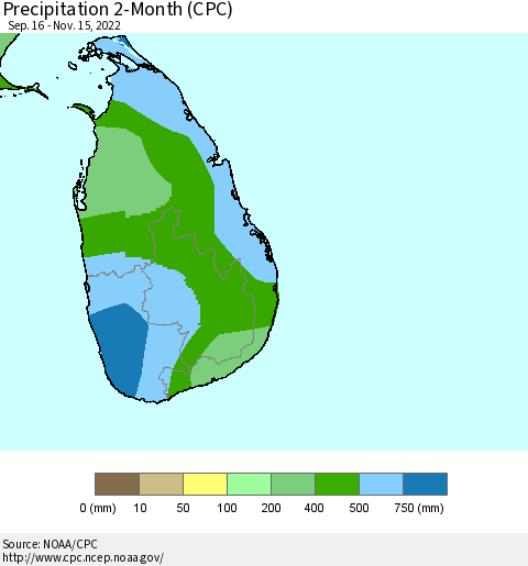 Sri Lanka Precipitation 2-Month (CPC) Thematic Map For 9/16/2022 - 11/15/2022