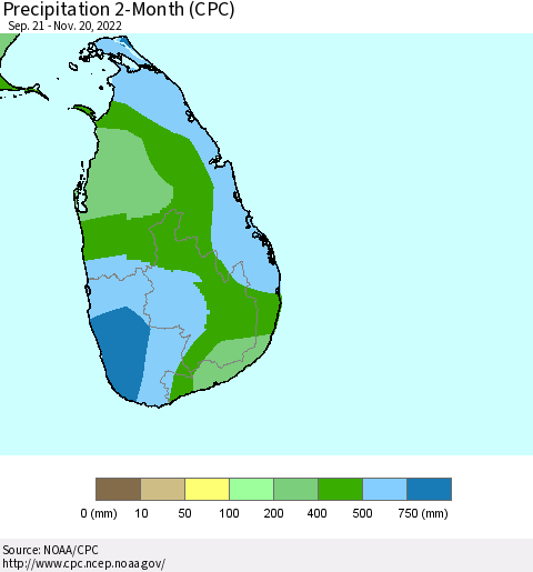 Sri Lanka Precipitation 2-Month (CPC) Thematic Map For 9/21/2022 - 11/20/2022