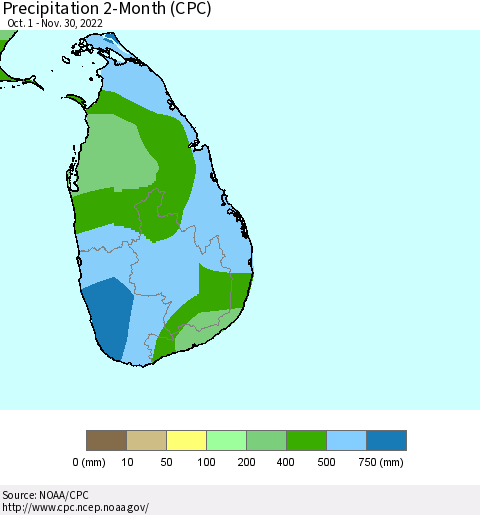 Sri Lanka Precipitation 2-Month (CPC) Thematic Map For 10/1/2022 - 11/30/2022