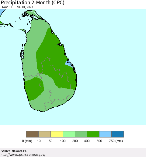 Sri Lanka Precipitation 2-Month (CPC) Thematic Map For 11/11/2022 - 1/10/2023