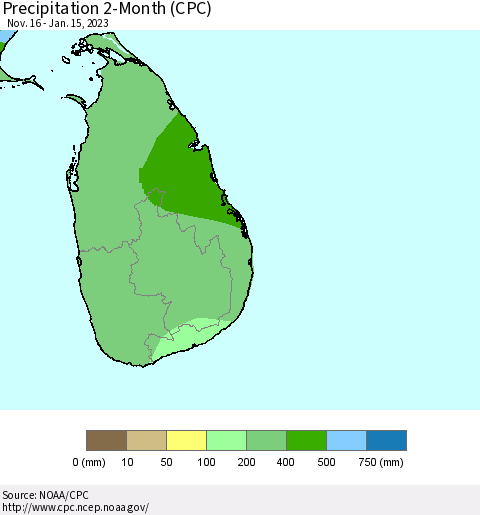 Sri Lanka Precipitation 2-Month (CPC) Thematic Map For 11/16/2022 - 1/15/2023
