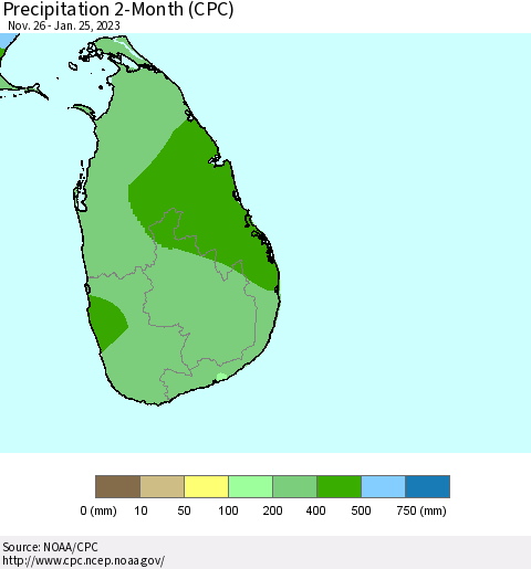 Sri Lanka Precipitation 2-Month (CPC) Thematic Map For 11/26/2022 - 1/25/2023