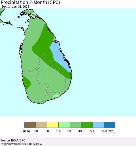 Sri Lanka Precipitation 2-Month (CPC) Thematic Map For 12/1/2022 - 1/31/2023