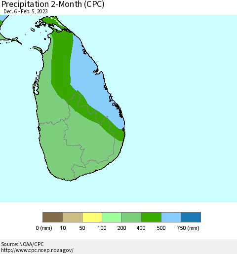 Sri Lanka Precipitation 2-Month (CPC) Thematic Map For 12/6/2022 - 2/5/2023