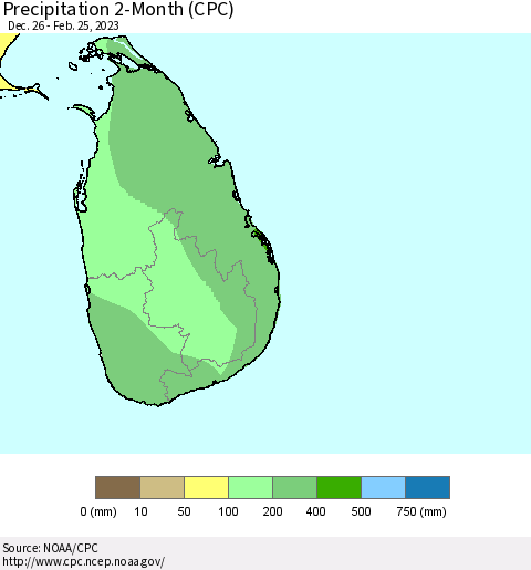 Sri Lanka Precipitation 2-Month (CPC) Thematic Map For 12/26/2022 - 2/25/2023