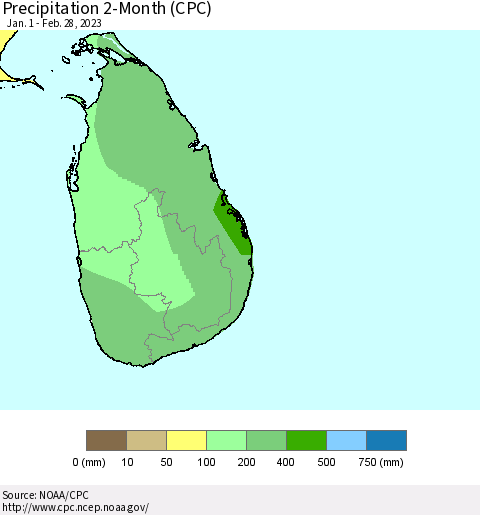 Sri Lanka Precipitation 2-Month (CPC) Thematic Map For 1/1/2023 - 2/28/2023