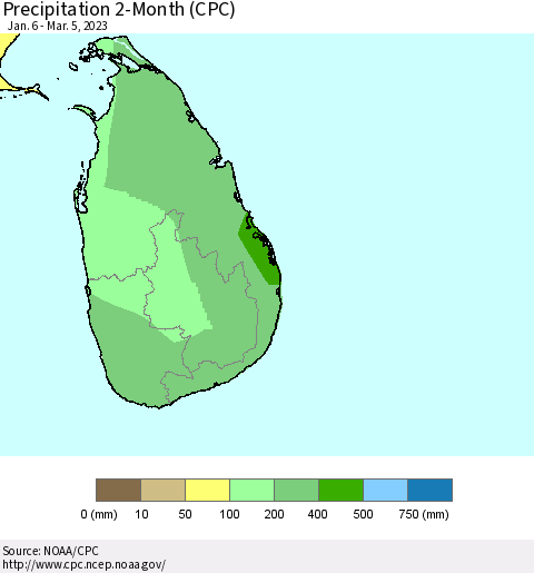 Sri Lanka Precipitation 2-Month (CPC) Thematic Map For 1/6/2023 - 3/5/2023