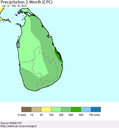 Sri Lanka Precipitation 2-Month (CPC) Thematic Map For 1/11/2023 - 3/10/2023