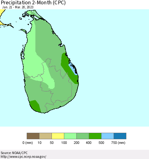 Sri Lanka Precipitation 2-Month (CPC) Thematic Map For 1/21/2023 - 3/20/2023