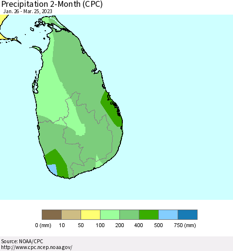 Sri Lanka Precipitation 2-Month (CPC) Thematic Map For 1/26/2023 - 3/25/2023