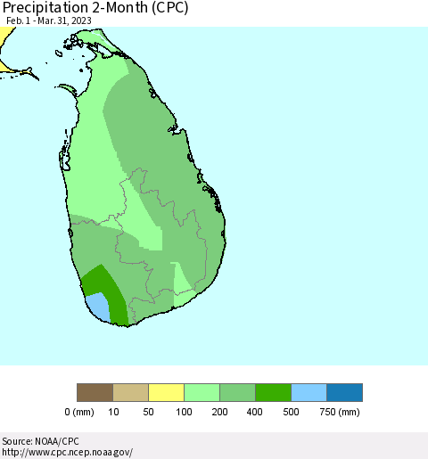 Sri Lanka Precipitation 2-Month (CPC) Thematic Map For 2/1/2023 - 3/31/2023