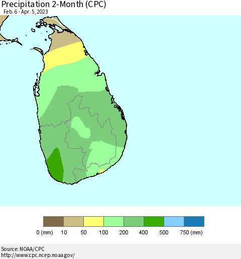 Sri Lanka Precipitation 2-Month (CPC) Thematic Map For 2/6/2023 - 4/5/2023