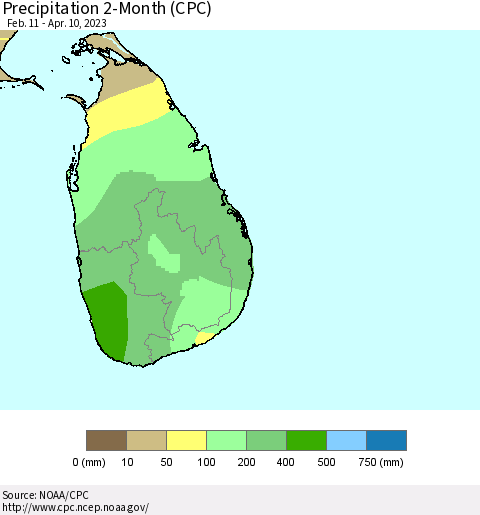Sri Lanka Precipitation 2-Month (CPC) Thematic Map For 2/11/2023 - 4/10/2023