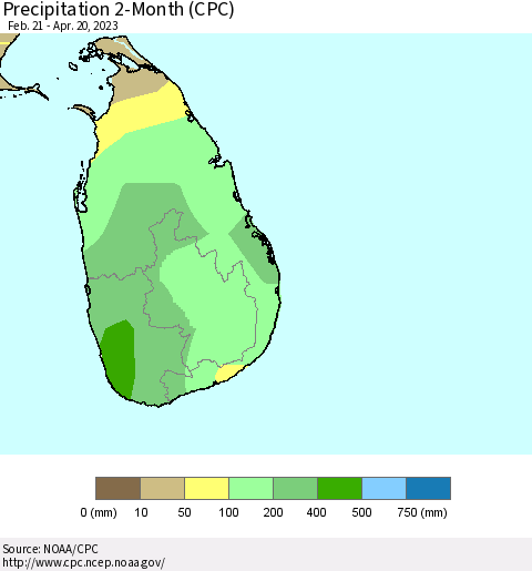 Sri Lanka Precipitation 2-Month (CPC) Thematic Map For 2/21/2023 - 4/20/2023