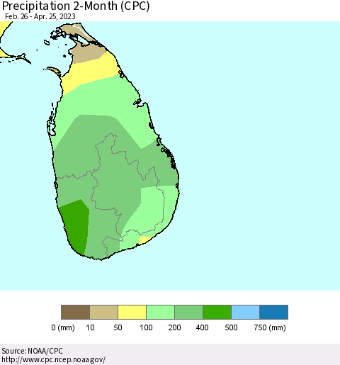 Sri Lanka Precipitation 2-Month (CPC) Thematic Map For 2/26/2023 - 4/25/2023