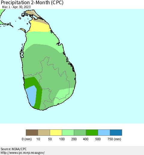 Sri Lanka Precipitation 2-Month (CPC) Thematic Map For 3/1/2023 - 4/30/2023